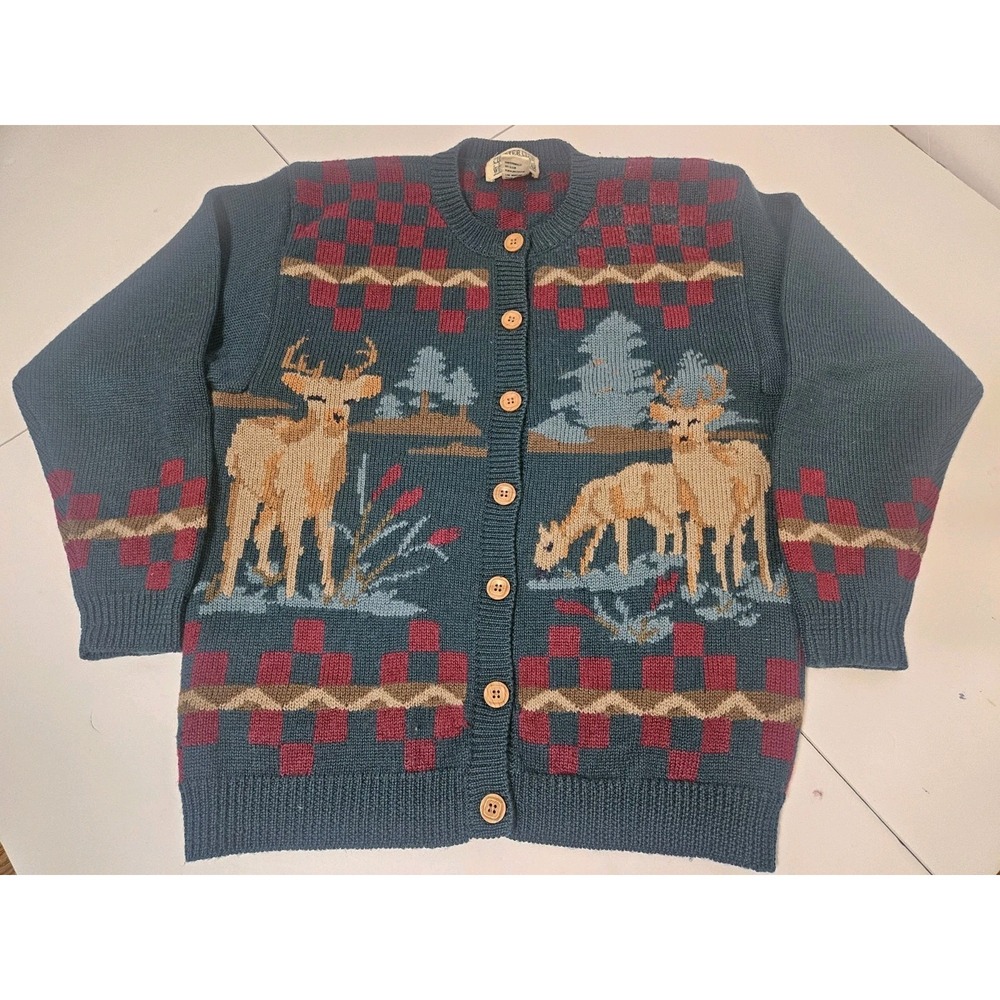 Vintage Charter Club "Genuine Weekend Wear" 100% Pure Wool Large Deer Cardigan